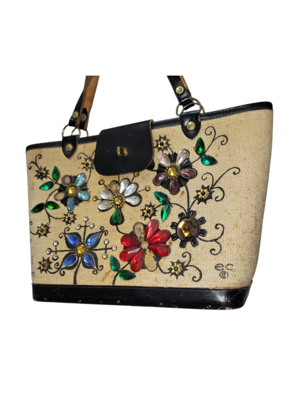 Collins of Texas Jewel Garden Tan Canvas Leather Trim Tote Purse Enid Collins